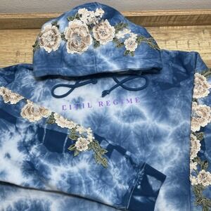 Civil Regime Ocean Roses Tie Dye Floral Embroidered Hoodie Blue Men's Medium EUC